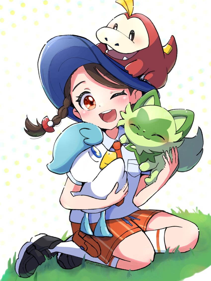 1girl :3 :d bird black_eyes black_shoes blue_eyes blue_hat braid brown_eyes brown_hair cat closed_eyes collared_shirt duck fuecoco full_body gen_9_pokemon green_fur hat highres juliana_(pokemon) long_hair looking_at_viewer naranja_academy_school_uniform necktie nintendo one_eye_closed open_mouth orange_necktie orange_shorts pokemon pokemon_(creature) pokemon_sv quaxly saki_pokeoekaki school_uniform shirt shoes short_sleeves shorts simple_background sitting smile socks sprigatito starter_pokemon_trio white_background white_shirt white_socks