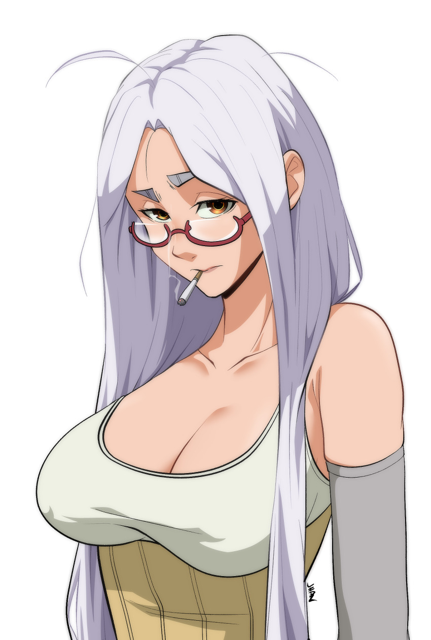 1girl ayase_seiko cigarette dandadan glasses grandma highres jhan long_hair mature_female old old_woman orange_eyes smoking solo white_hair