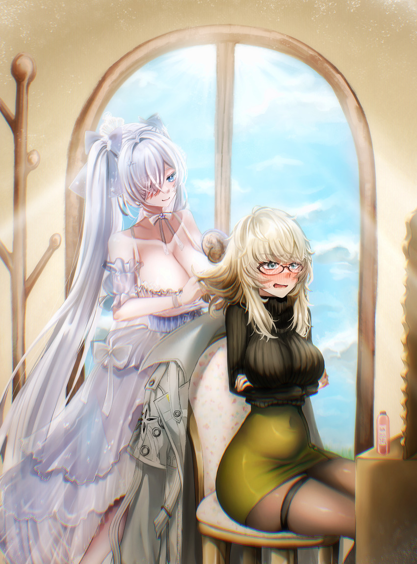 2girls abe_(nikke) arm_cuffs bibie307 blonde_hair blush bottle bow bracelet breasts brushing_another&#039;s_hair brushing_hair chair cinderella_(glass_princess)_(nikke) cinderella_(nikke) cleavage coat collarbone commentary_request corset dress embarrassed frilled_thigh_strap glasses goddess_of_victory:_nikke hair_bow hair_brush hair_over_one_eye hat_rack highres indoors jewelry large_breasts layered_dress long_hair long_sleeves messy_hair multiple_girls navel neck_ribbon official_alternate_costume open_mouth pantyhose ribbon see-through_clothes see-through_dress short_hair sitting skirt smile spaghetti_strap sunlight table thigh_strap turtleneck twintails vanity_table very_long_hair white_hair window wrist_ribbon