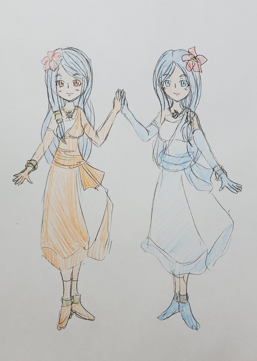 2girls absurdres flower flower_on_head godzilla_(series) highres mothra_(series) multiple_girls shobijin siblings sisters smile twins