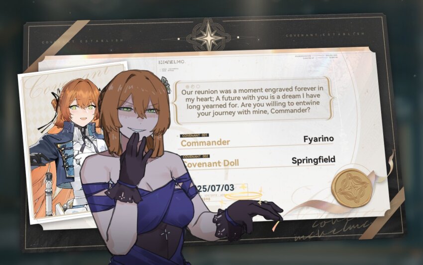1girl bare_shoulders black_gloves blue_dress breasts cleavage collarbone covenant_halo_(girls&#039;_frontline_2) crossed_bangs dress english_text evening_gown evil_grin evil_smile game_screenshot_background girls&#039;_frontline girls&#039;_frontline_2:_exilium gloves green_eyes grin hair_between_eyes jewelry lace lace-trimmed_gloves lace_trim narrowed_eyes natawaru orange_hair partially_shaded_face ring screenshot_background smile solo springfield_(girls&#039;_frontline) springfield_(queen_in_radiance)_(girls&#039;_frontline) upper_body v-shaped_eyebrows wedding_ring