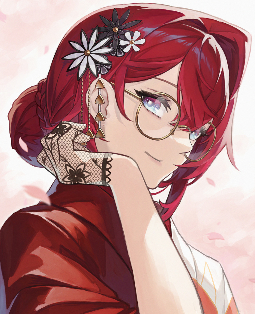 1girl a-er_(akkij0358) ange_katrina ange_katrina_(new_year) black_gloves blue_eyes bun_with_braided_base eyelashes falling_petals floral_print flower glasses gloves gradient_eyes hair_behind_ear hair_between_eyes hair_flower hair_intakes hair_ornament half_gloves hand_up hashtag-only_commentary highres japanese_clothes kimono lace lace_gloves light_smile long_bangs looking_at_viewer multicolored_eyes nijisanji petals pink_background pink_petals portrait purple_eyes red_hair red_kimono round_eyewear solo virtual_youtuber white_kimono yellow-framed_eyewear