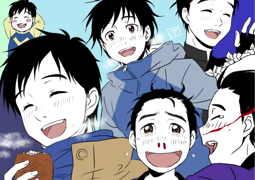 10s 1boy ^_^ aged_down arms_behind_head bad_id bad_pixiv_id black_hair blood blush_stickers brown_eyes child closed_eyes food jacket katsuki_ichiru katsuki_yuuri male_focus multiple_persona multiple_views muted_color nosebleed open_mouth pirozhki scarf smile tears track_jacket yuri!!!_on_ice