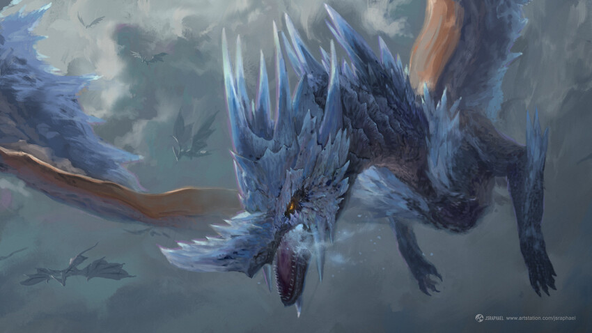 animal_focus artist_name artstation_username breath claws cloud cloudy_sky commentary day dragon english_commentary flying grey_sky joshua_raphael midair monster monster_hunter_(series) no_humans open_mouth outdoors scales sharp_teeth sky teeth velkhana watermark web_address wings yellow_eyes