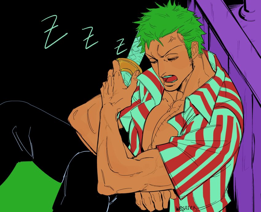 1boy artist_name black_pants closed_eyes collared_shirt commentary english_commentary green_hair highres male_focus one_piece open_clothes open_mouth open_shirt pants roronoa_zoro shirt short_hair sideburns sitting sleeping solo stitched_torso stitches striped_clothes striped_shirt sword vertical-striped_clothes vertical-striped_shirt weapon wesaier zzz