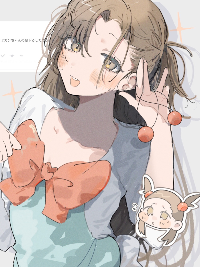 1girl blush bow breasts brown_eyes brown_hair collarbone dress eyelashes green_dress hair_bobbles hair_ornament highres jasmine_(pokemon) long_hair looking_at_viewer nintendo open_mouth orange_bow pokemon pokemon_hgss smile solo ume_(ume_445) white_dress