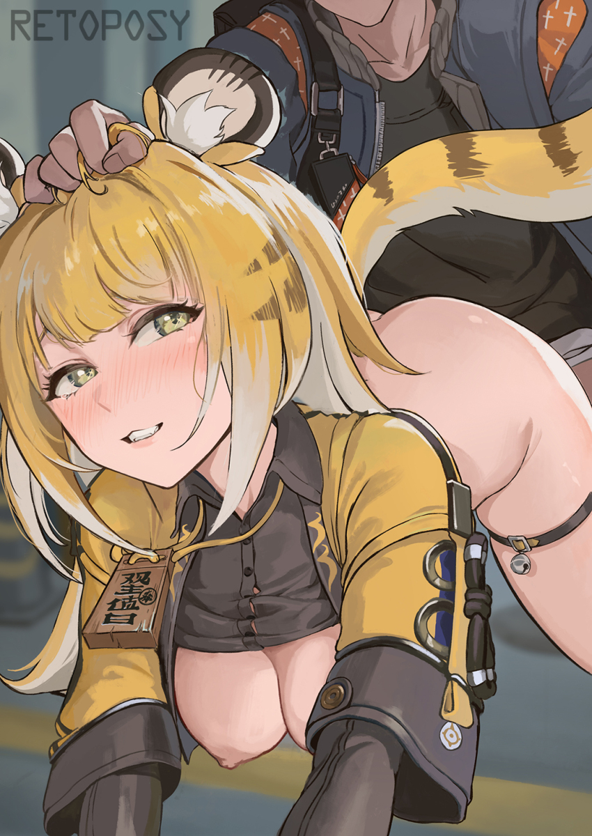 1boy 1girl alternate_breast_size animal_ear_fluff animal_ears artist_name bell blonde_hair blush breasts doggystyle eyes_out_of_frame fangs grabbing_another&#039;s_hair green_eyes grin head_out_of_frame hetero highres jingle_bell ju_fufu large_breasts long_hair nipples nose_blush paid_reward_available retoposy sex sex_from_behind skindentation smile tail thigh_strap tiger_ears tiger_girl tiger_tail wise_(zenless_zone_zero) zenless_zone_zero