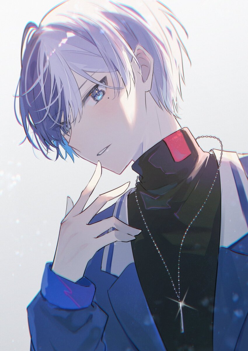 1boy aoyagi_touya blue_eyes blue_hair blue_jacket commentary_request dark_blue_hair eyes_visible_through_hair hand_up highres jacket jewelry jishio lapels long_sleeves looking_at_viewer male_focus mole mole_under_eye multicolored_hair necklace notched_lapels parted_lips project_sekai short_hair simple_background solo split-color_hair turtleneck two-tone_hair upper_body