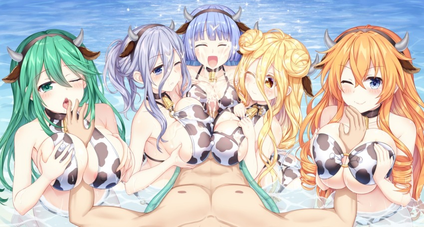 5girls animal_ears animal_print areola_slip bell bikini blonde_hair blue_eyes breast_press breasts breasts_squeezed_together censored closed_eyes clothed_paizuri cooperative_paizuri cow_print cow_print_bikini cowbell crossed_bangs cum cum_on_body cum_on_breasts cum_on_upper_body date_a_live double_bun ejaculation facial fake_animal_ears fake_horns grabbing_own_breast green_eyes green_hair hair_between_eyes hair_bun halterneck heart heart-shaped_pupils horns hoshimiya_mukuro izayoi_miku kyouno_natsumi large_breasts long_hair looking_at_viewer mosaic_censoring multiple_girls murasame_reine o-ring o-ring_bikini paizuri penis print_bikini strapless strapless_bikini swimsuit symbol-shaped_pupils symmetrical_docking tagme teamwork_(sexual) tongue tongue_out tsubasaki water yamai_kazamachi yellow_eyes