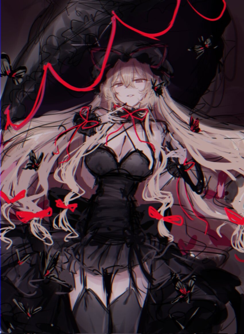 1girl alternate_costume black_dress black_nails black_thighhighs blonde_hair bow breasts bug butterfly choker cleavage corrupted_twitter_file dress frilled_choker frills garter_straps hair_bow halter_dress halterneck hand_on_own_chin hat highres insect large_breasts long_hair mob_cap parasol red_bow ribbon short_dress solo t03p0iungjj1krn thighhighs touhou umbrella yakumo_yukari