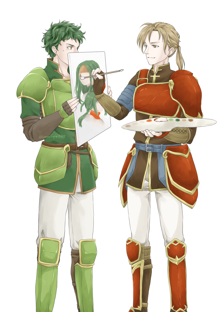 2boys absurdres armor artist_name belt blonde_hair brown_eyes closed_mouth commentary_request fire_emblem fire_emblem:_the_sacred_stones forde_(fire_emblem) green_eyes green_hair highres kyle_(fire_emblem) low_ponytail medium_hair midori_no_baku multiple_boys nintendo painting_(action) painting_(object) ponytail short_hair simple_background smile standing syrene_(fire_emblem) white_background