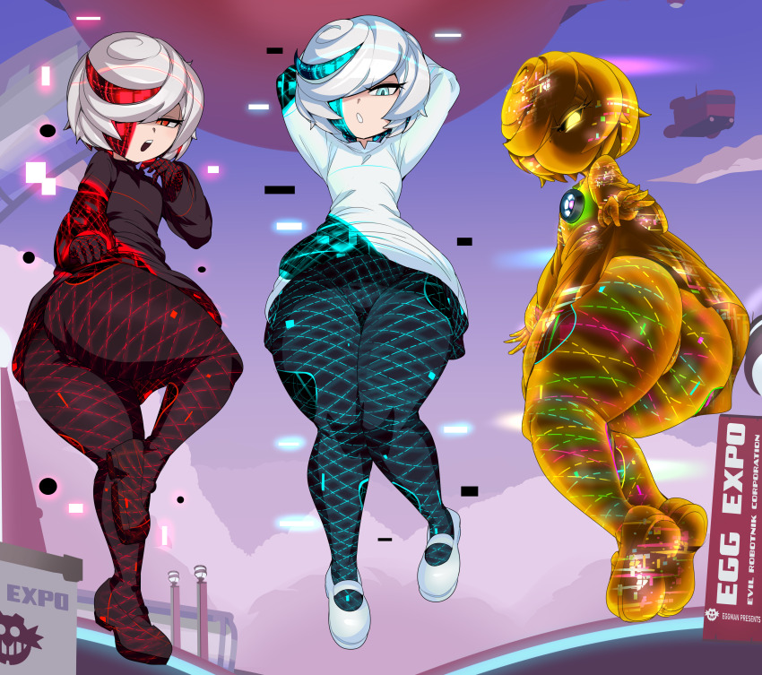 1girl absurdres aqua_eyes aqua_hair ass black_sclera captain_kirb clone colored_sclera dress hair_over_one_eye highres huge_ass looking_at_viewer looking_down multicolored_hair multiple_persona pantyhose red_eyes red_hair sage_(sonic) sonic_(series) sonic_frontiers sonic_racing:_crossworlds thick_thighs thighs two-tone_hair white_hair wide_hips yellow_eyes