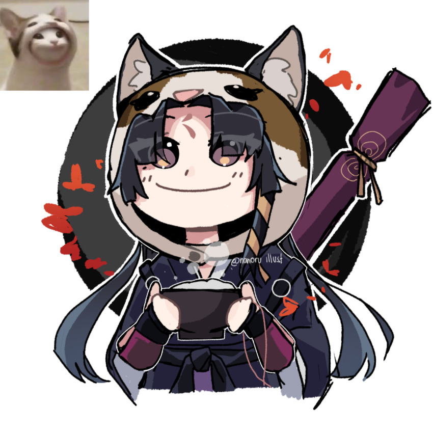 1girl animal_ear_fluff animal_hood arknights black_hair cat cat_hood chibi closed_mouth commentary_request eyes_visible_through_hair facial_mark forehead forehead_mark highres hood hood_up hoodie japanese_clothes meme nanoru/shai photo_inset pixiv_username pop_cat_(meme) saga_(arknights) simple_background smile solo white_background