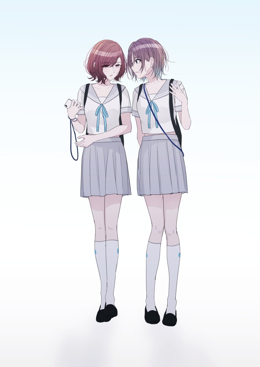 2girls absurdres asakura_toru backpack bag black_shoes blue_eyes blue_ribbon brown_hair cellphone colored_tips earrings grey_sailor_collar hair_between_eyes highres higuchi_madoka holding holding_phone idolmaster idolmaster_shiny_colors jewelry kakemi kneehighs midriff_peek multicolored_hair multiple_girls neck_ribbon open_mouth phone purple_eyes purple_hair ribbon sailor_collar school_uniform serafuku shirt shoes short_hair simple_background smartphone socks white_background white_shirt white_socks