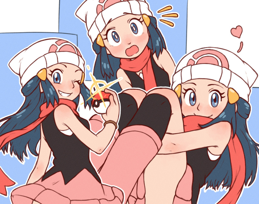 1girl :o beachepisode beanie blue_eyes blue_hair blush boots commentary dawn_(pokemon) english_commentary eyelashes female_focus floating_scarf glint grin hair_ornament hat heart highres holding holding_poke_ball hugging_own_legs knees_up long_hair matching_hair/eyes multiple_views nintendo notice_lines one_eye_closed pink_boots poke_ball poke_ball_(basic) poke_ball_print poke_ball_symbol pokemon pokemon_dppt red_scarf scarf sitting smile solo spoken_heart surprised teeth thighs white_background white_hat wink