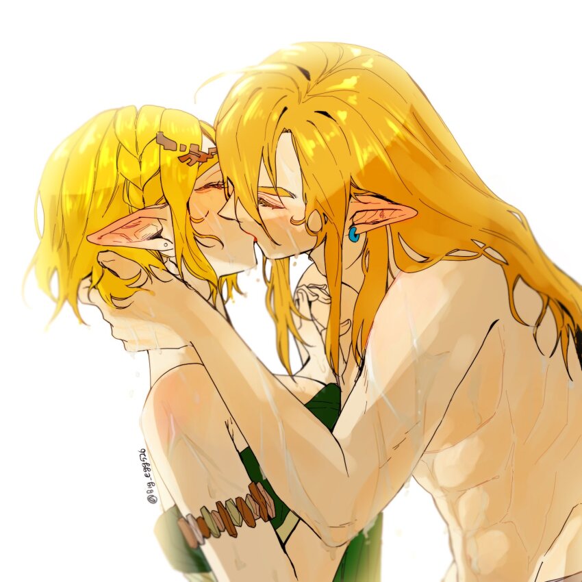 1boy 1girl bare_shoulders big_egg526 blonde_hair braid closed_eyes crown_braid ear_piercing hashtag-only_commentary hetero highres kiss link long_hair nintendo piercing pointy_ears princess_zelda profile short_hair simple_background the_legend_of_zelda the_legend_of_zelda:_tears_of_the_kingdom topless_male twitter_username wet white_background