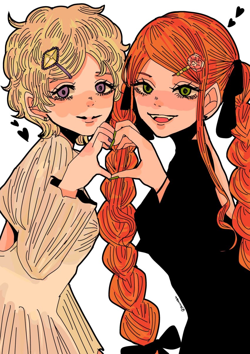 2girls blonde_hair braided_twintails chocolat_meilleure commentary_request eyelashes green_eyes green_nails heart heart_hands highres long_sleeves looking_at_viewer multiple_girls open_mouth pointy_ears purple_eyes short_hair simple_background smile sugar_sugar_rune swept_bangs twitter_username upper_body vanilla_mieux white_background yuzuha_takamura