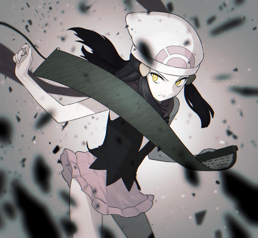 1girl beanie black_vest commentary_request cowboy_shot dated dawn_(pokemon) debris hat highres holding holding_scroll looking_at_viewer muted_color nintendo parted_lips pink_skirt pokemon pokemon_adventures red_scarf scarf scroll skirt solo syoshinsya7 vest yellow_eyes