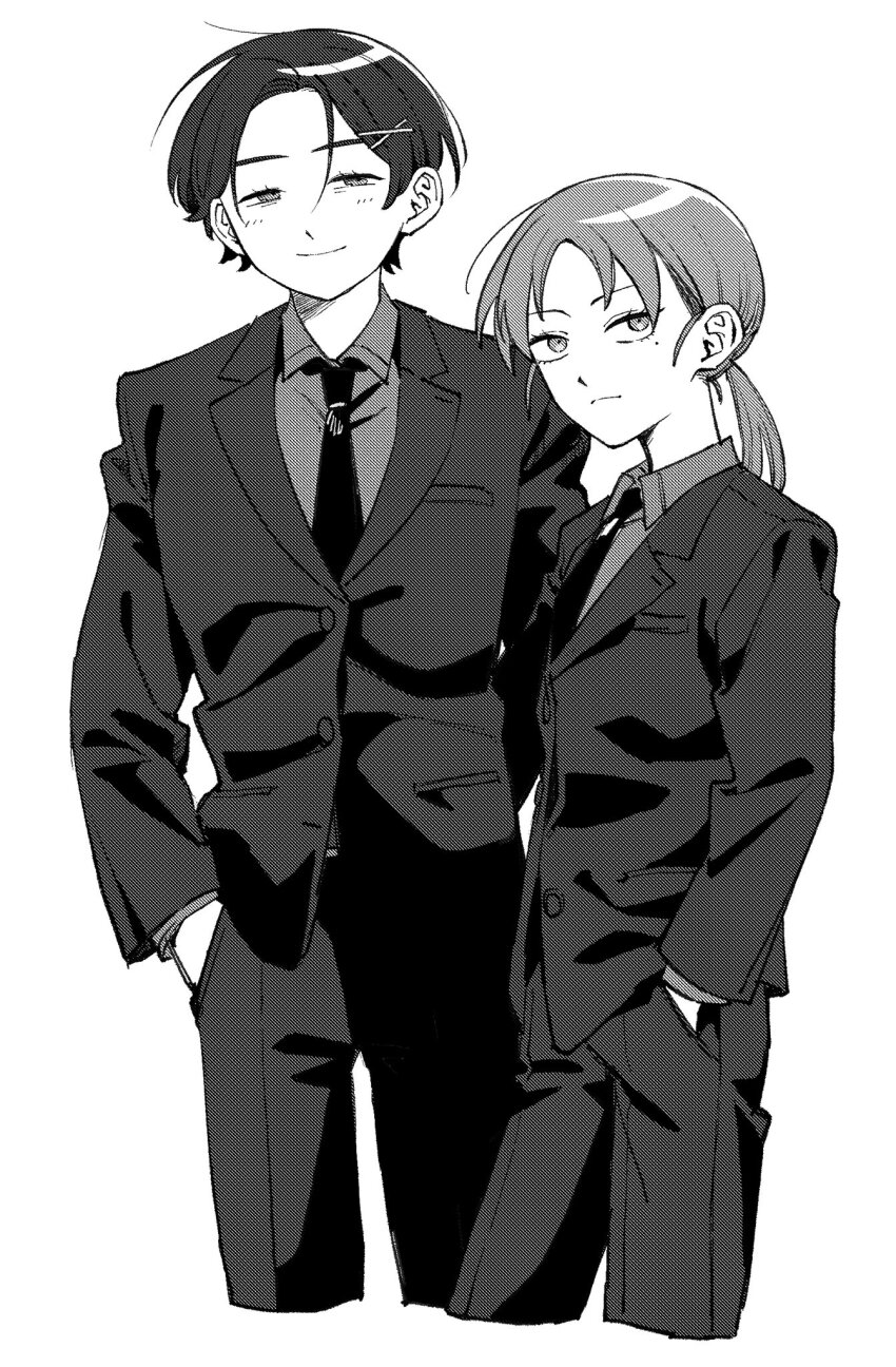 2girls alternate_hairstyle breast_pocket collared_shirt cropped_legs crossdressing formal_clothes futsuu_no_keion-bu greyscale hair_ornament half-closed_eyes hands_in_pockets height_difference highres jacket kouyama_rin lapels mole mole_under_eye monochrome multiple_girls necktie notched_lapels pants parted_bangs pocket ponytail rra_(yj) shirt simple_background smile standing suit suit_jacket uchida_momo white_background x_hair_ornament