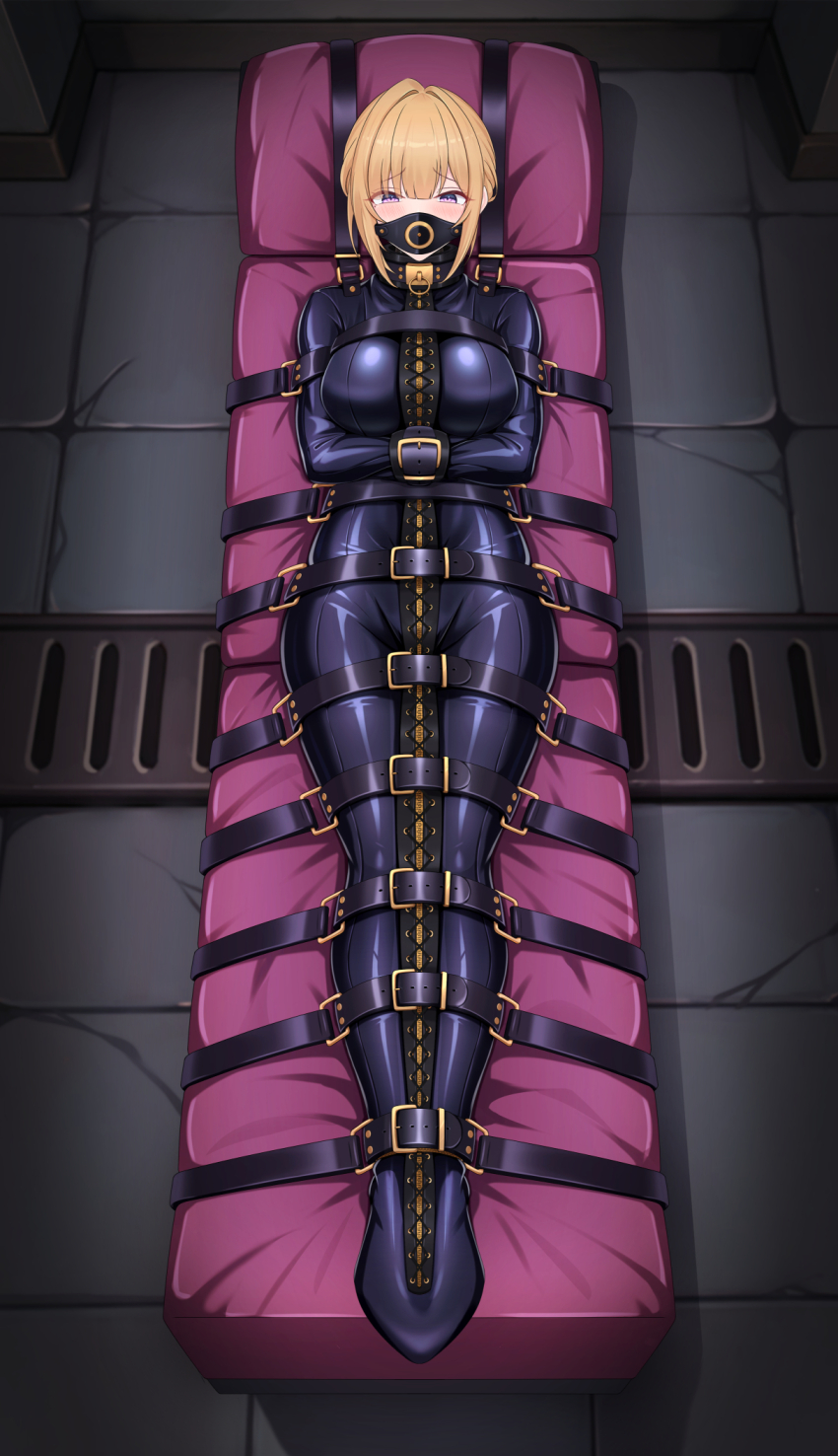 1girl arms_across_body arms_under_breasts bdsm belt belt_buckle blonde_hair bodysuit bound bound_arms bound_legs breasts buckle collar cross-laced_clothes evelyn_chevalier full_body gag gagged highres immobilization latex latex_bodysuit lying medium_breasts on_back plug_gag purple_eyes sleepsack solo straitjacket yayu_(user_ykug3338) zenless_zone_zero zipper