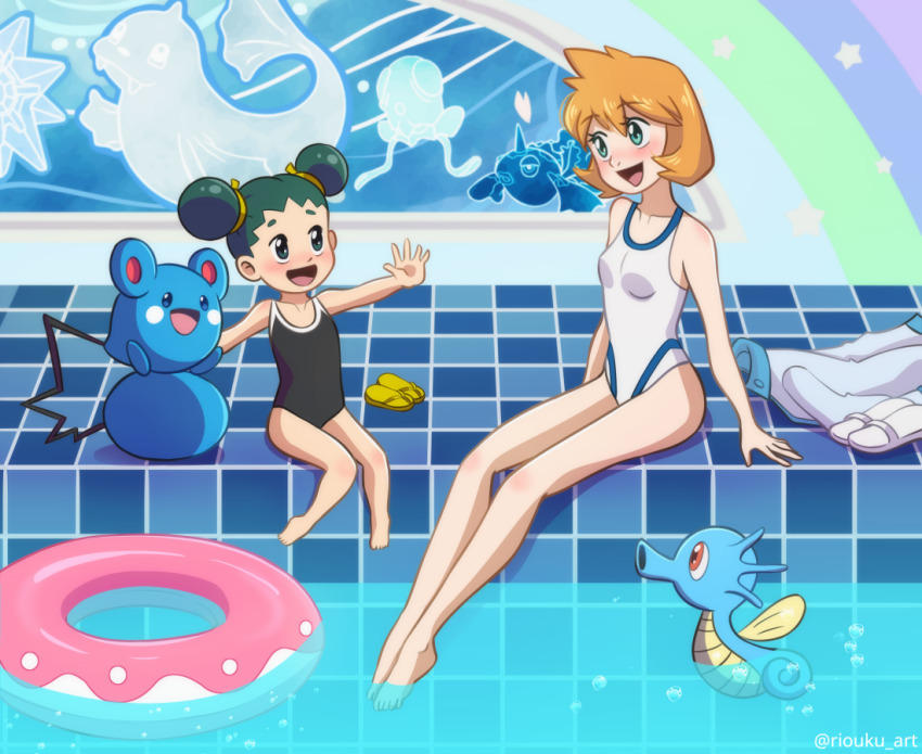 2girls age_difference armpits azurill breasts chignon covered_navel cowboy_shot dewgong gen_1_pokemon gen_3_pokemon goldeen green_eyes gym_leader horsea legs misty_(pokemon) multiple_girls navel nintendo npc_trainer one-piece_swimsuit onee-loli open_mouth orange_hair pokemon pokemon_hgss pokemon_oras pool riouku sitting small_breasts smile starmie swimsuit tentacool thighs tuber_(pokemon) water
