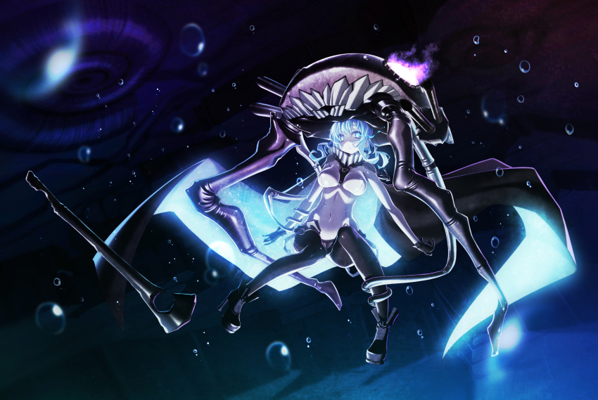 10s 1girl absurdres abyssal_ship ammonite blue_eyes bodysuit breasts bubble cape female_focus gloves glowing glowing_eyes has_bad_revision has_downscaled_revision highres kantai_collection long_hair md5_mismatch medium_breasts pale_skin personification resolution_mismatch sakuya_tsuitachi silver_hair solo source_smaller wo-class_aircraft_carrier