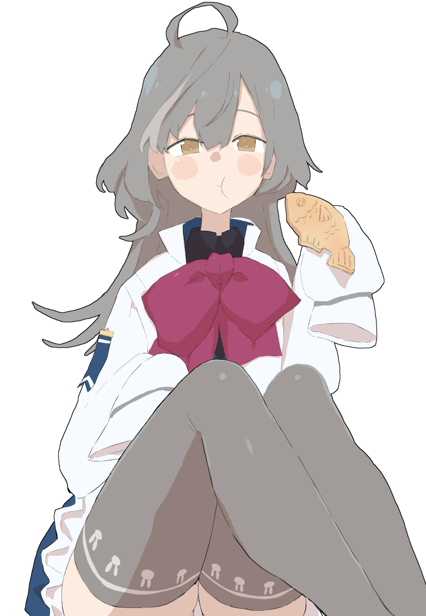 1girl :t absurdres ahoge animal_print assault_lily black_shirt blue_skirt blush bow bowtie closed_mouth commentary_request eating feet_out_of_frame food frilled_skirt frills grey_hair grey_thighhighs hair_between_eyes hands_up herensuge_girls_academy_school_uniform highres holding holding_food jacket knees_up long_hair long_sleeves looking_at_viewer miniskirt multicolored_hair panties print_thighhighs rabbit_print red_bow red_bowtie sasaki_ran school_uniform shirt simple_background sitting skirt sleeves_past_fingers sleeves_past_wrists solo streaked_hair taiyaki thighhighs unbabaa underwear upskirt wagashi white_background white_jacket white_panties yellow_eyes