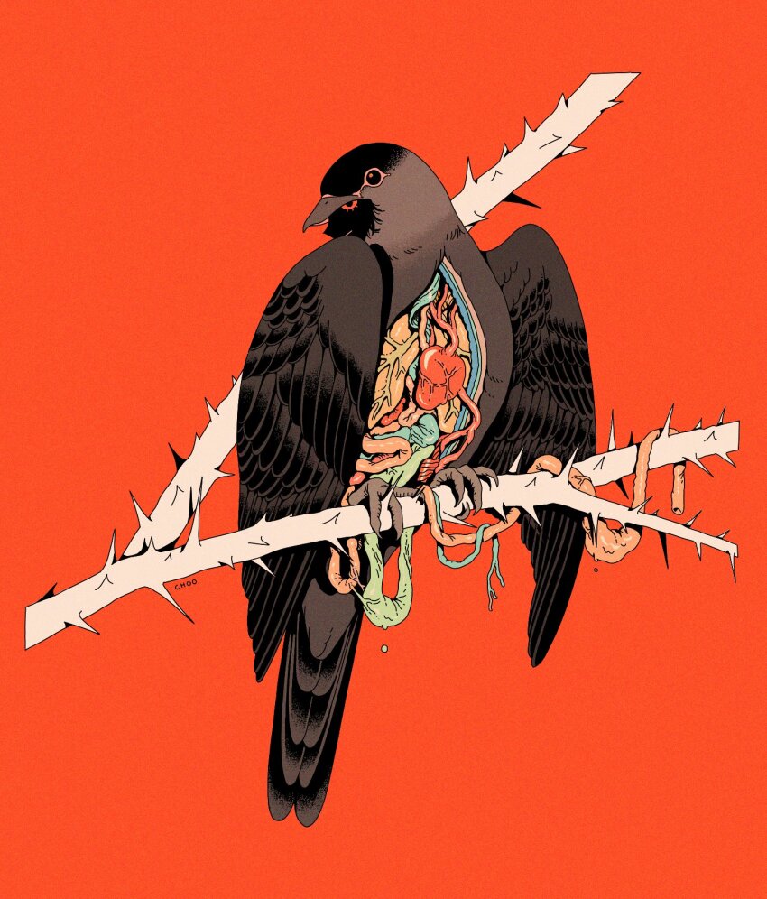 animal animal_focus bird branch choo commentary exposed_heart highres intestines lungs no_humans original perched pigeon red_background simple_background symbol-only_commentary thorns