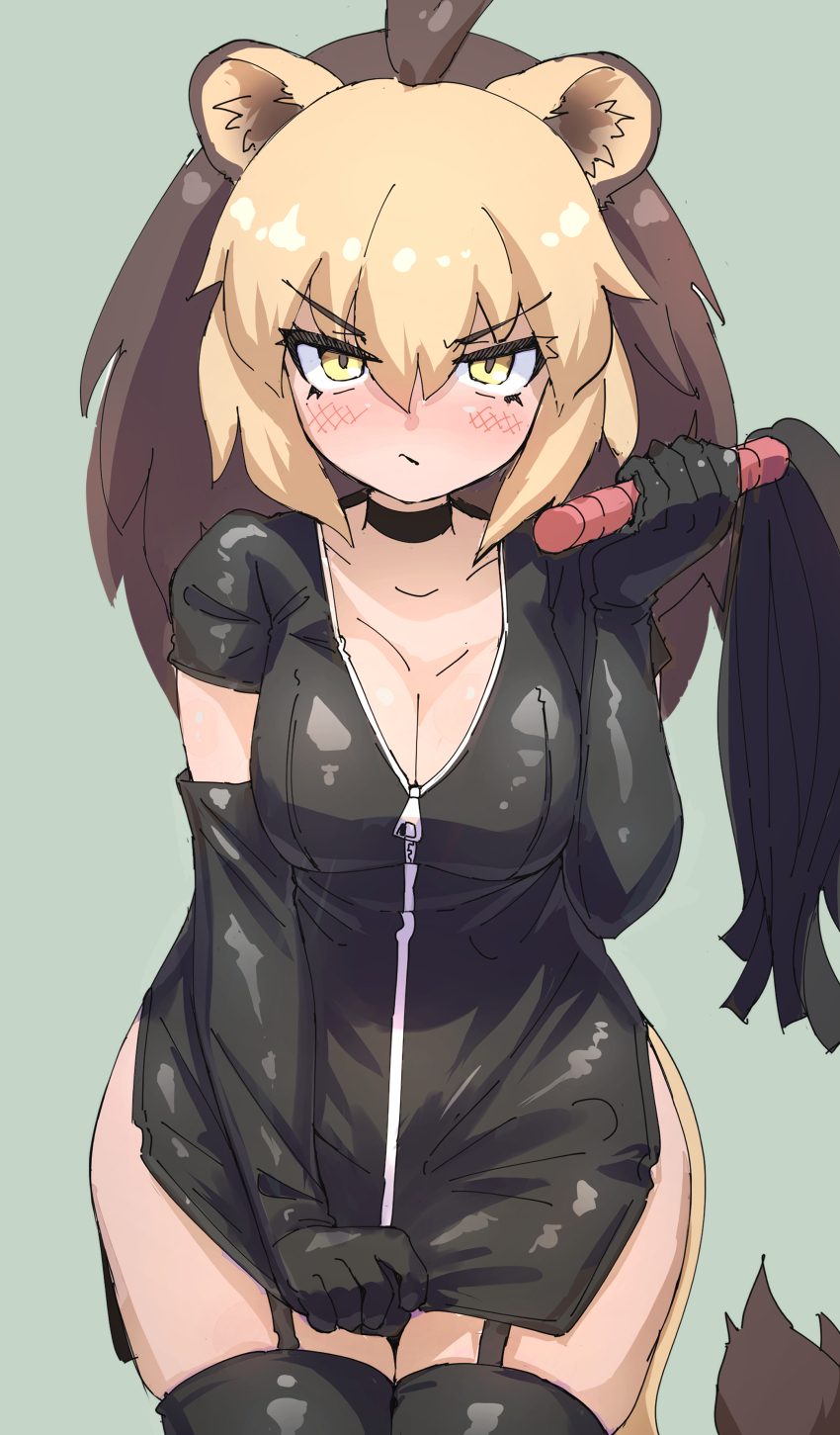 1girl absurdres animal_ears barbary_lion_(kemono_friends) blonde_hair blush brown_hair choker elbow_gloves extra_ears garter_straps gloves grey_background highres jacket kemono_friends lion_ears lion_girl lion_tail long_hair looking_at_viewer lowlandgorilla simple_background solo tail thighhighs whip yellow_eyes zipper