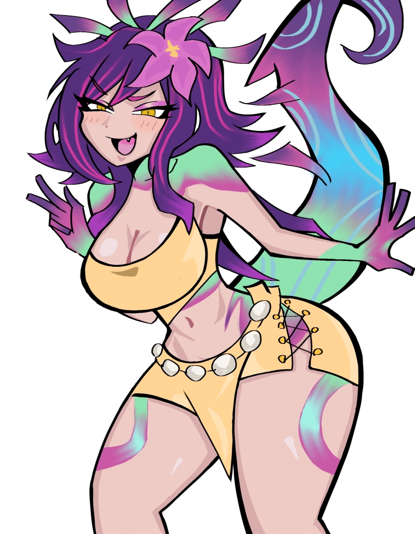 1girl breasts cleavage fang highres large_breasts league_of_legends lizard_tail medium_breasts neeko_(league_of_legends) purple_hair reptile_girl solo tail teeth thick_thighs thighs