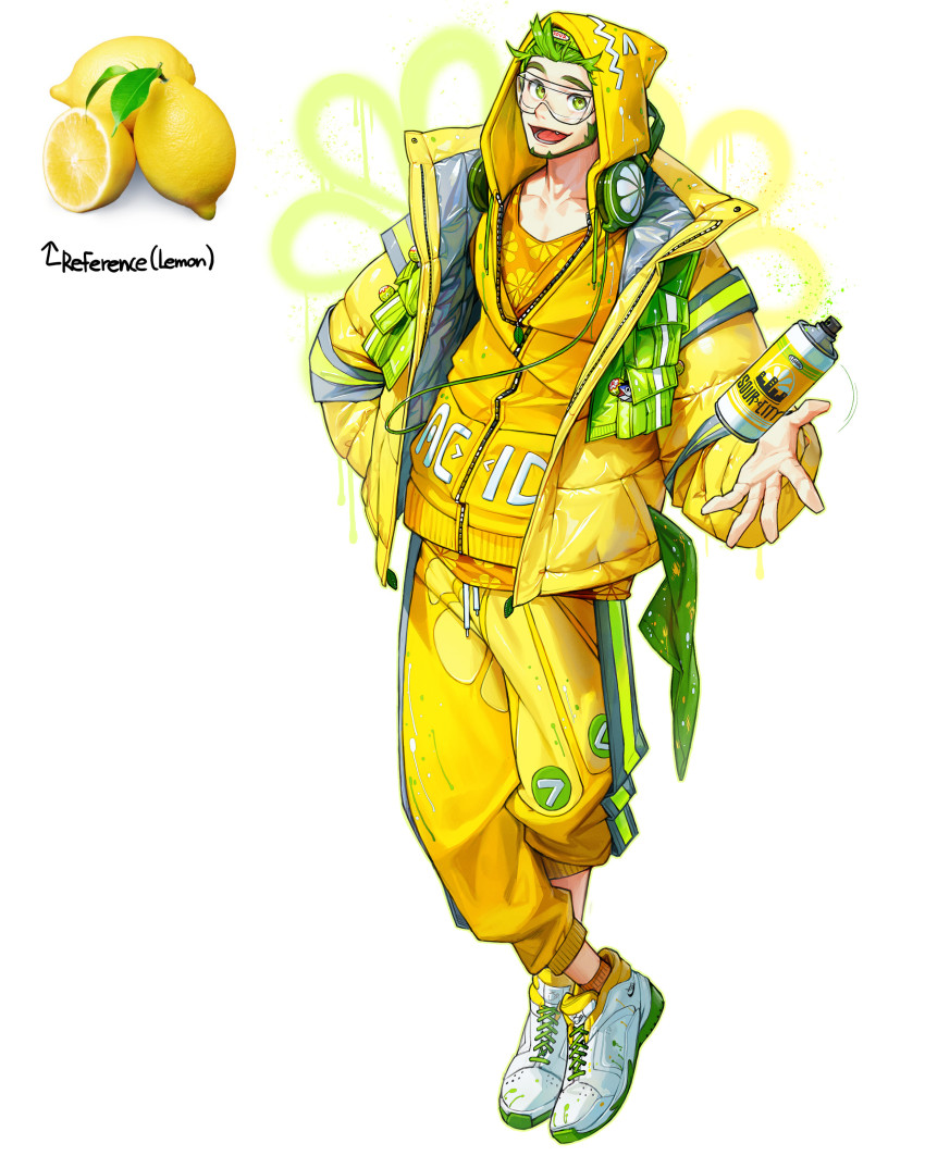 1boy absurdres coat facial_hair floral_print food fruit full_body goggles green_eyes green_facial_hair green_hair headphones headphones_around_neck highres hood hood_up hooded_jacket jacket lemon long_sleeves looking_at_viewer male_focus open_mouth original pants personification print_shirt rinotuna shadow shirt shoes short_hair simple_background smile solo standing white_background white_shoes yellow_coat yellow_jacket yellow_pants yellow_shirt