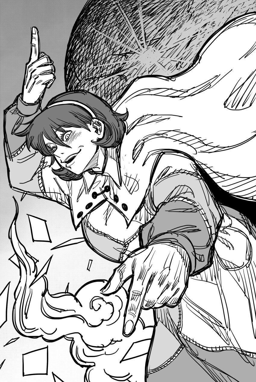 1girl absurdres belt_pouch cape cloud dress eddybird55555 greyscale hairband highres jujutsu_kaisen long_sleeves looking_ahead monochrome patchwork_clothes pointing pouch puffy_long_sleeves puffy_sleeves short_hair solo tenkyuu_chimata touhou trading_card zipper