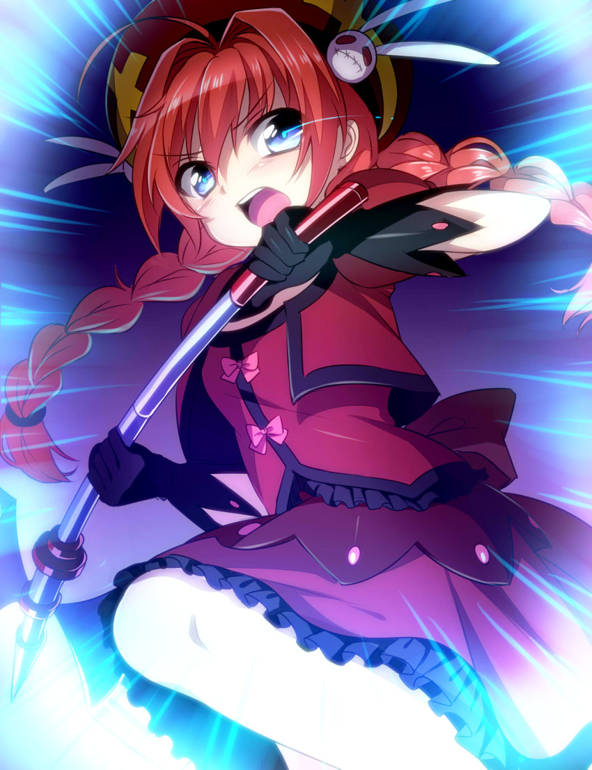 1girl ahoge beret black_gloves blue_eyes braid cropped_jacket dress female_focus frills gloves graf_eisen hair_intakes hair_ornament hat highres jacket long_hair lyrical_nanoha mahou_shoujo_lyrical_nanoha mahou_shoujo_lyrical_nanoha_a&#039;s nekoame open_clothes open_jacket puffy_short_sleeves puffy_sleeves rabbit_hair_ornament red_dress red_hair red_hat ribbon short_sleeves solo twin_braids vita_(nanoha) yellow_ribbon