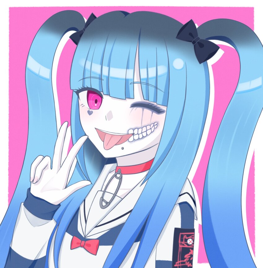1girl amemiya_darumi border bow collar collarbone face_piercing female_focus hair_bow hand_up heart highres lip_piercing long_hair looking_at_viewer makeup one_eye_closed piercing pink_background runny_makeup safety_pin simple_background solo solo_focus the_hundred_line_-last_defense_academy- tongue tongue_out twintails v white_border wink