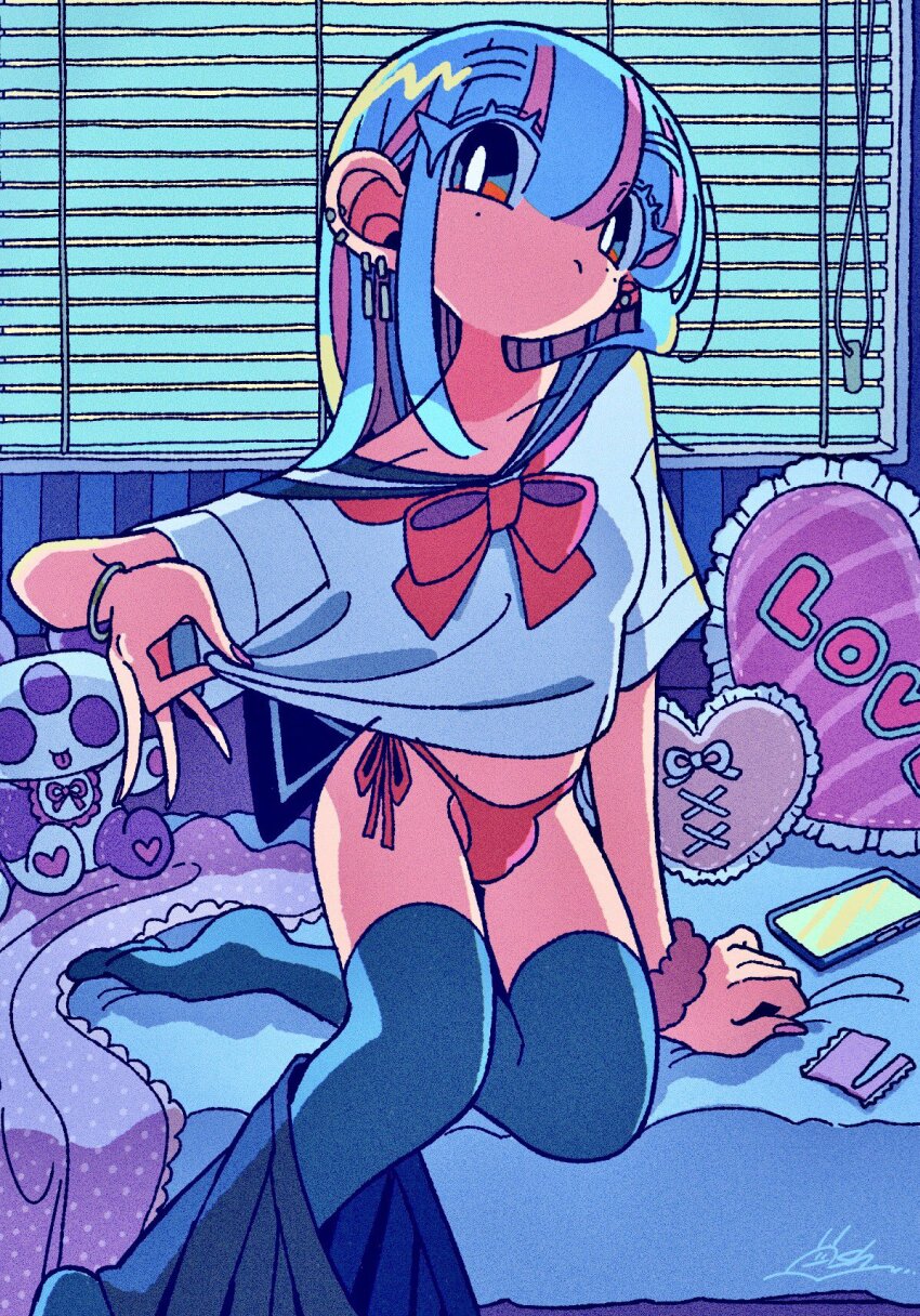 cellphone condom condom_wrapper crossdressing ear_piercing heart heart-shaped_pillow highres kanekoshake original panties phone piercing pillow school_uniform smartphone stuffed_animal stuffed_toy trap underwear