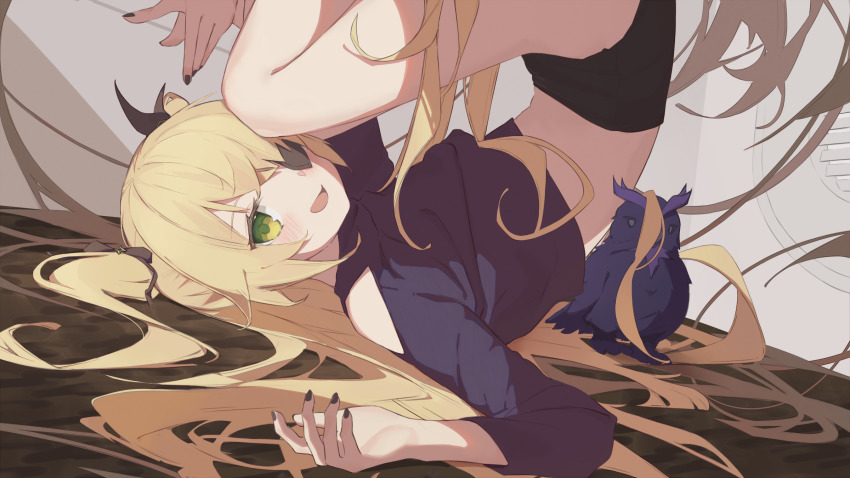 1girl :d bird black_nails black_shorts blonde_hair casual cropped crow fischl_(genshin_impact) genshin_impact green_eyes highres long_hair long_sleeves looking_at_viewer lying midriff nail_polish on_back open_mouth oz_(genshin_impact) purple_shirt shirt shorts smile twintails upside-down vicious_kage