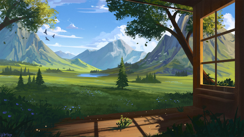 bird cabin cloud commission flock flower grass highres hill lake landscape mountain mountainous_horizon nature original painterly scenery sky tree window wopgnop