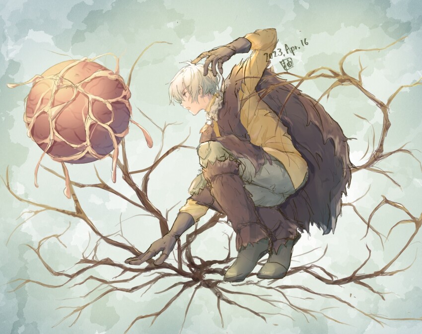 1boy androgynous battle black_footwear black_gloves cloak creature dated full_body fumetsu_no_anata_e fushi gloves grey_hair hand_up highres leg_warmers looking_at_another male_focus nokkers_(fumetsu_no_anata_e) open_mouth orb pelt plant_roots ponytail profile shirt shoes short_hair squatting yellow_shirt yuzuka-53