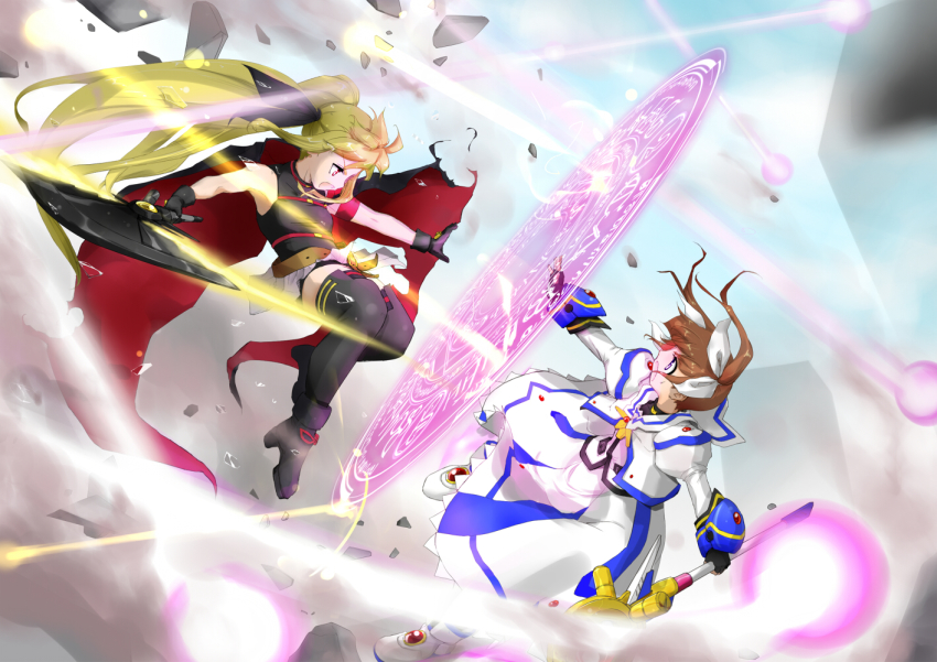 2girls action arm_strap ban_(777purin) bardiche_(nanoha) bardiche_(scythe_form)_(nanoha) battle belt black_cape black_footwear black_gloves black_legwear black_leotard black_ribbon blonde_hair blouse blue_sky boots brown_belt brown_hair cape capelet commentary cropped_jacket day destruction dress energy_beam fate_testarossa fate_testarossa_(movie_1st_form) fingerless_gloves flying frown gauntlets gloves hair_ribbon holding holding_scythe holding_staff holding_weapon jacket juliet_sleeves leotard long_dress long_hair long_sleeves looking_at_another lyrical_nanoha magic_circle magical_girl mahou_shoujo_lyrical_nanoha mahou_shoujo_lyrical_nanoha_the_movie_1st medium_hair miniskirt multiple_girls open_mouth outdoors pink_skirt pleated_skirt puffy_sleeves purple_eyes raising_heart raising_heart_(device_mode)_(1st) red_capelet red_eyes ribbon scythe shirt skirt sky sleeveless sleeveless_shirt staff sweatdrop takamachi_nanoha takamachi_nanoha_(movie_1st_mode) thighhighs torn_cape torn_clothes twintails two-sided_cape two-sided_fabric very_long_hair weapon white_dress white_footwear white_jacket white_ribbon white_shirt