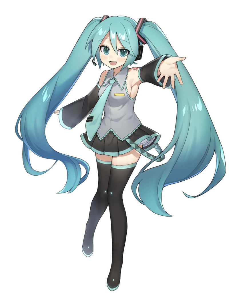 1girl :d aqua_eyes aqua_hair aqua_necktie aqua_trim armpits bare_shoulders black_boots black_skirt boots breasts collared_shirt detached_sleeves eguegukun full_body grey_shirt hair_between_eyes hatsune_miku headset highres knees_together_feet_apart light_blush long_hair long_sleeves looking_at_viewer medium_breasts microphone miniskirt necktie number_tattoo open_mouth outstretched_arm outstretched_hand pleated_skirt reaching reaching_towards_viewer shirt shoulder_tattoo simple_background skirt sleeveless sleeveless_shirt sleeves_past_wrists smile solo standing tattoo thigh_boots thighhighs twintails very_long_hair vocaloid white_background wide_sleeves zettai_ryouiki