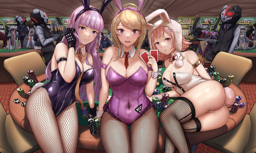 6+boys 6+girls ahoge akamatsu_kaede alcohol amami_rantaro animal_ear_headwear animal_ears animal_helmet arm_strap ass bandaged_hand bandages between_breasts black_gloves black_hair black_leotard blonde_hair blouse blunt_bangs braid breasts brown_chair brown_hair card casino casino_card_table celestia_ludenberg chair cleavage closed_mouth cocktail_glass cup danganronpa:_trigger_happy_havoc danganronpa_(series) danganronpa_2:_goodbye_despair danganronpa_another_episode:_ultra_despair_girls detached_collar drill_hair drinking_glass english_text fake_animal_ears fishnet_legwear fishnets fortissimo galaga gloves glowing glowing_eye green_hair hagakure_yasuhiro hair_ornament hairclip helmet highres holding holding_card holding_tray ippers iruma_miu kirigiri_kyoko komaeda_nagito large_breasts leather leather_gloves leotard long_hair looking_at_viewer lying medium_breasts mole mole_on_breast monokuma multiple_boys multiple_girls musical_note musical_note_hair_ornament nanami_chiaki navel neck_ribbon necktie necktie_between_breasts oma_kokichi on_table open_mouth orange_hair orange_necktie owada_mondo pantyhose pekoyama_peko people pink_eyes pink_hair pink_leotard playboy_bunny playing_card poker_chip poker_table public_indecency purple_eyes purple_hair rabbit_ears rabbit_girl rabbit_hair_ornament rabbit_tail red_necktie red_ribbon ribbon shirt short_hair short_sleeves side_braid sitting sitting_on_object sitting_on_table slot_machine standing striped_clothes striped_shirt studded_gloves swept_bangs t-shirt table tail tanaka_gundam thighhighs tongue tray twin_drills waiter white_hair white_leotard wine wine_glass wrist_cuffs yamada_hifumi