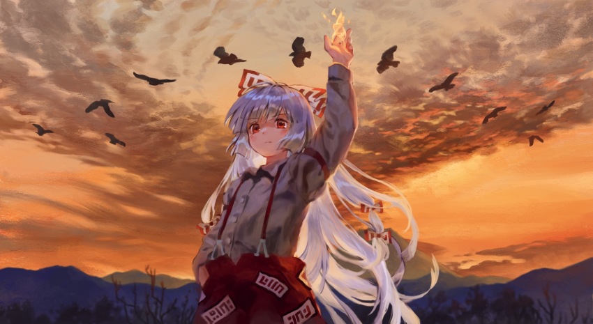 1girl arm_up bare_tree bird blunt_ends bow closed_mouth cloud cloudy_sky collared_shirt commentary_request cowboy_shot expressionless fire fujiwara_no_mokou hair_bow hand_in_pocket highres long_hair long_sleeves looking_at_viewer mountainous_horizon multiple_hair_bows ofuda ofuda_on_clothes orange_sky outdoors pants pyrokinesis red_eyes red_pants satellitedragon shirt sky solo suspenders touhou tree twilight very_long_hair white_bow white_hair white_shirt