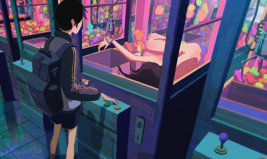 1boy 1girl arcade backpack bag black_bag black_hair clothed_male_nude_female commentary controller crane_game english_commentary faceless faceless_male floor highres in_crane_game jacket joystick lying nude on_side original reflective_floor shadow shorts stuffed_toy wujing_f