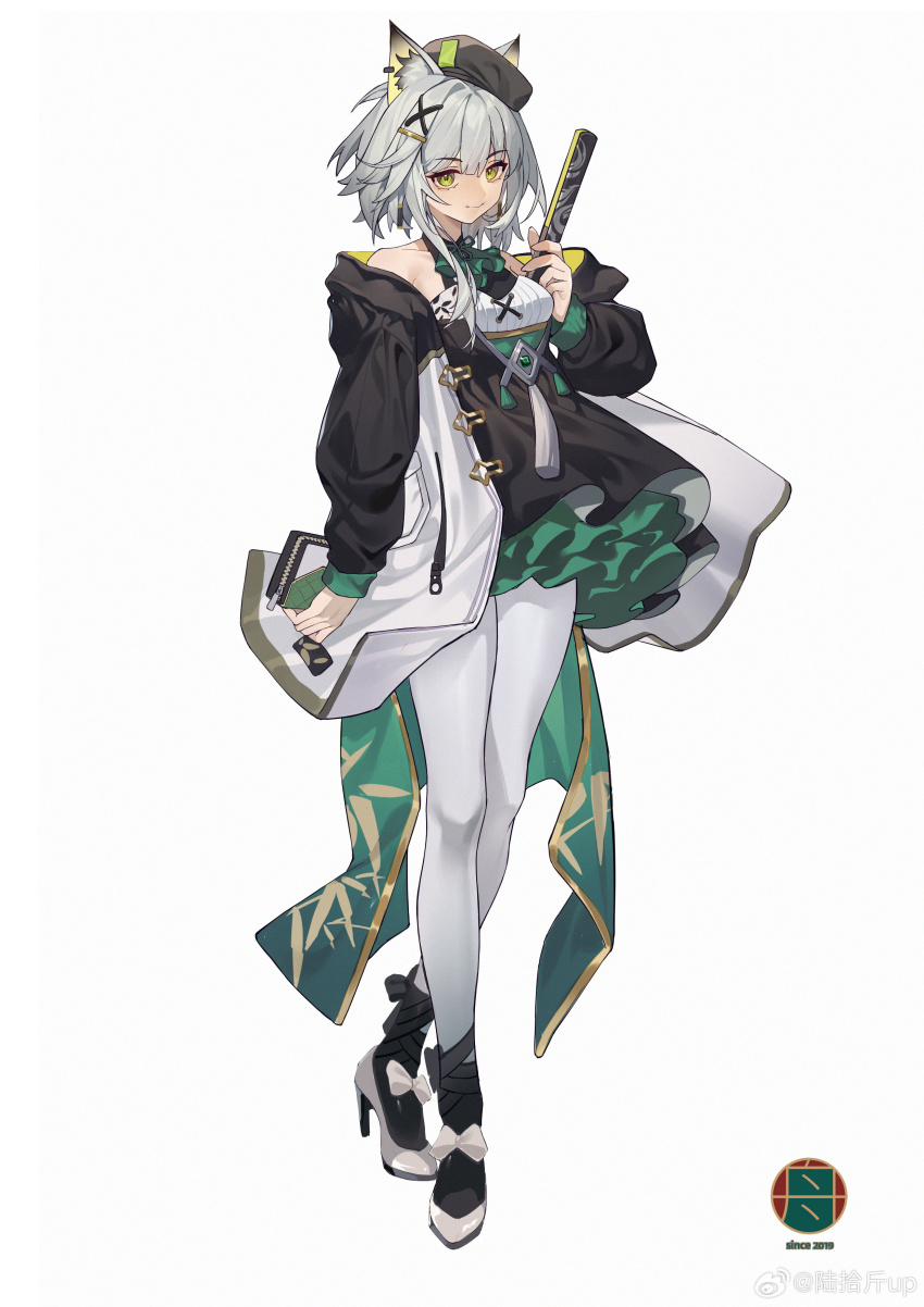 1girl absurdres alternate_costume animal_ears arknights beret black_dress black_hat cat_ears dress full_body green_eyes grey_hair hair_ornament hairclip hat high_heels highres holding jacket kal&#039;tsit_(arknights) long_sleeves looking_at_viewer lushi_jin_up open_clothes open_jacket pantyhose short_hair simple_background solo standing tachi-e watermark weibo_watermark white_background white_jacket white_pantyhose x_hair_ornament