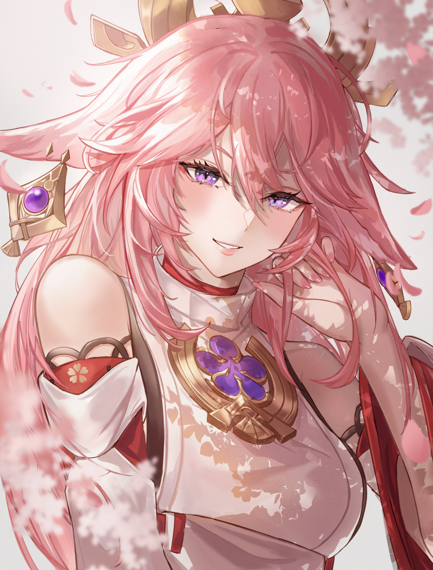 1girl animal_ears blurry breasts cherry_blossoms dappled_sunlight detached_sleeves eyelashes falling_petals floppy_ears floral_print flower fox_ears genshin_impact grin hair_between_eyes hair_ornament hand_in_own_hair hand_up highres kachi large_breasts long_hair looking_at_viewer nail_polish nontraditional_miko petals pink_flower pink_hair pink_nails purple_eyes shirt sidelocks simple_background sleeveless sleeveless_shirt smile sunlight teeth turtleneck upper_body white_background yae_miko