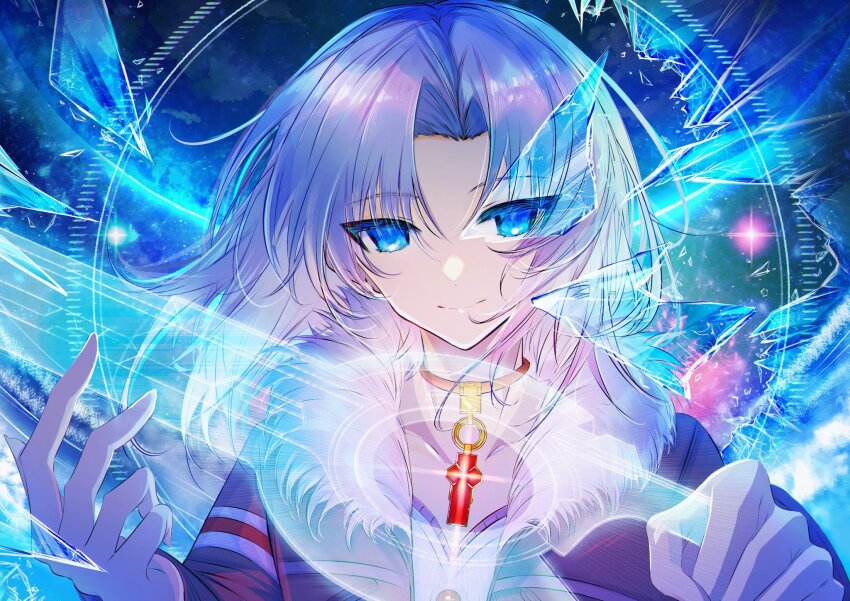 1boy alvis_(xenoblade) blue_eyes closed_mouth commentary_request core_crystal_(xenoblade) curtained_hair fur-trimmed_jacket fur_trim glowing grey_hair highres holographic_interface hyouri00 jacket long_hair looking_at_viewer male_focus smile solo standing upper_body xenoblade_chronicles_(series) xenoblade_chronicles_1