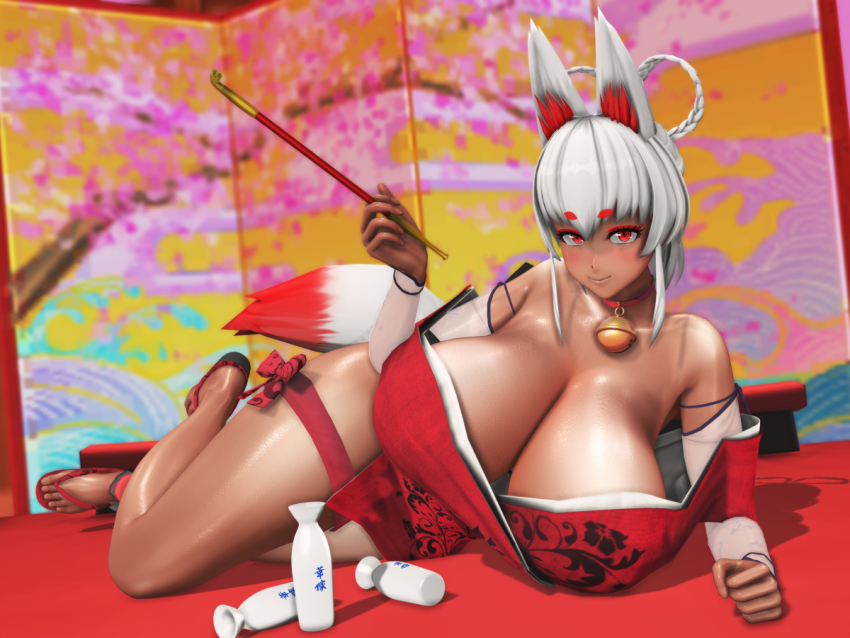 1girl 3d animal_ears bell blush braid breasts choker cleavage dark-skinned_female dark_skin fox_ears fox_girl fox_tail huge_breasts looking_at_viewer lying makeup on_floor on_ground pico_majin_r red_eyes sandals smile smoking_pipe solo tail white_hair