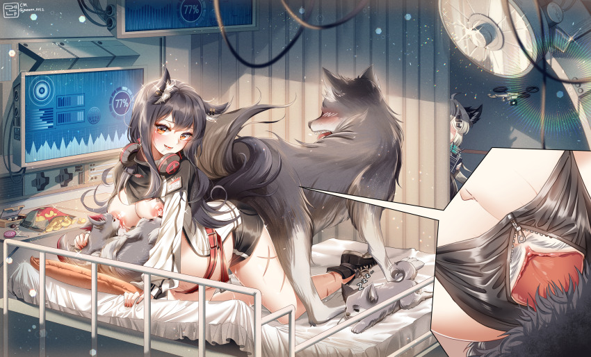 1girl absurdres animal_penis arknights bestiality dog highres knotted_penis knotting lappland_(arknights) non-web_source nude pregnant puppy texas_(arknights) tyranno_9807 wolf