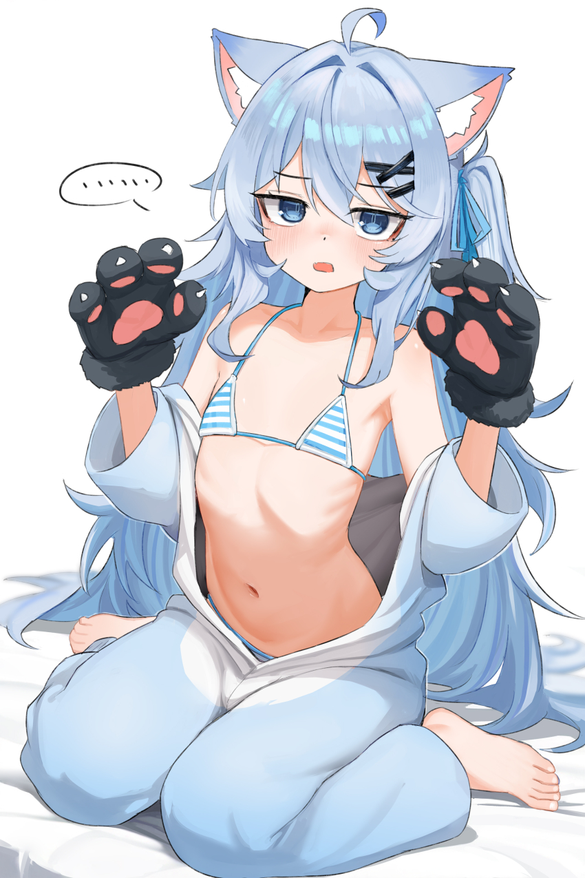 ... 1girl absurdres animal_ear_fluff animal_ears animal_hands barefoot bikini bikini_under_clothes blue_eyes blue_hair borrowed_character clothes_down flat_chest gloves highres jitome long_hair long_sleeves looking_at_viewer navel one_side_up onesie open_mouth open_onesie original paw_gloves shenqi_xiaohuang simple_background sitting spoken_ellipsis stomach striped_bikini striped_clothes swimsuit very_long_hair wariza white_background