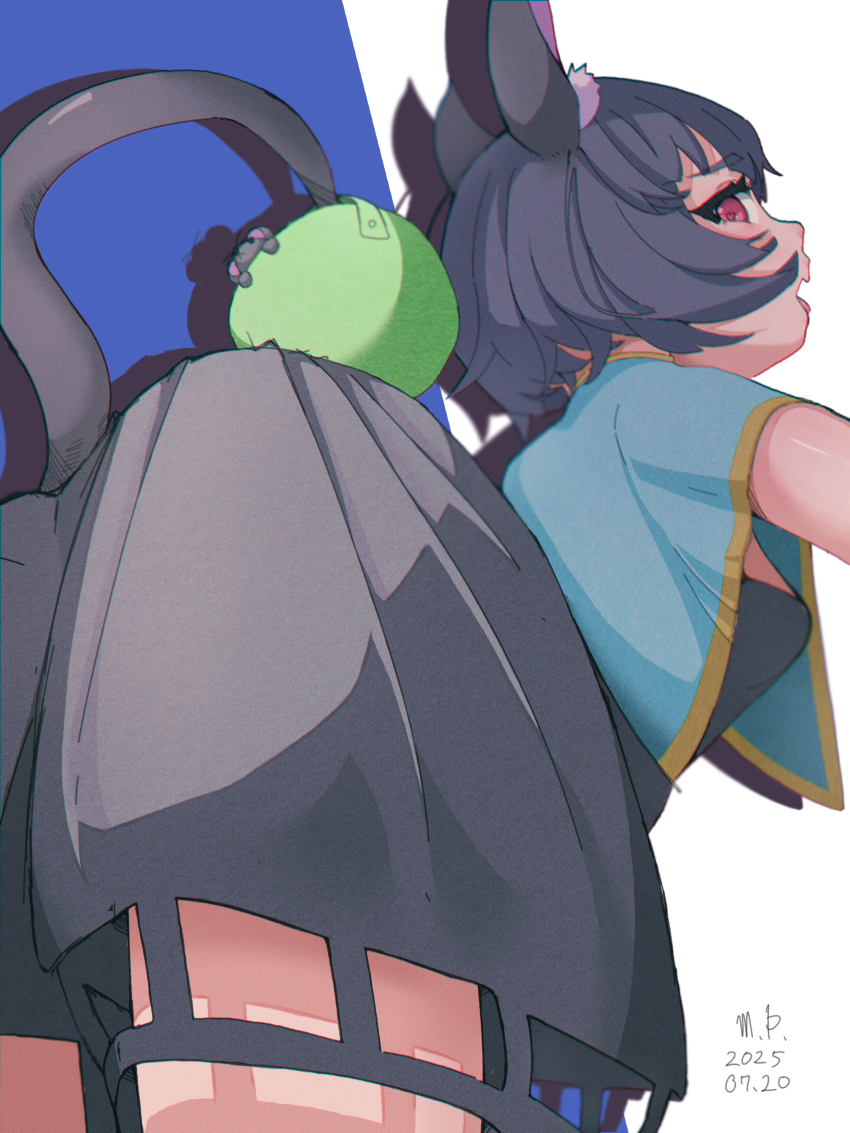 1girl absurdres animal_ears ass blue_background blue_capelet capelet clothing_cutout dress grey_dress grey_hair highres leaning_forward looking_back mochpote mouse_(animal) mouse_ears mouse_girl mouse_tail nazrin nazrin_day open_mouth red_eyes shadow short_hair skirt_cutout sleeveless tail touhou two-tone_background white_background yellow_trim